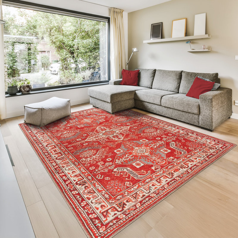 GLN Rugs Vintage Collection - Machine Washable Area Rug, Vintage Washable Rug, Non Slip Area Rug, Low Pile Living Room Rug, Bedroom Rug, Bathroom Rug - Easy Clean (Red and Beige Rug)