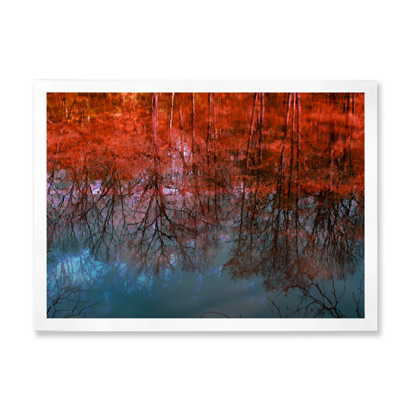 «Red Autumn Artistic Forest By The Lake III», reproduction sur toile, H 8 po x l 12 po x P 1 po, Cadre de coin blanc fermé