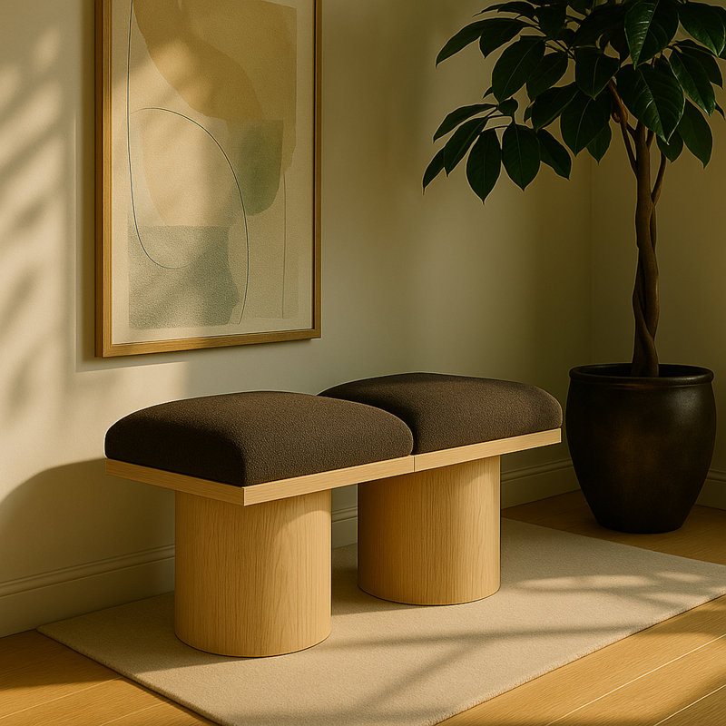 Banc rembourré Husnan, H 17,5 po x l 36 po x P 15,5 po, Tissu brun bouclé, Naturel