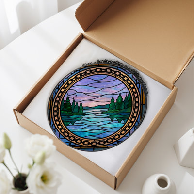 7.8"H Lake Scene Stained Glass Window Panel