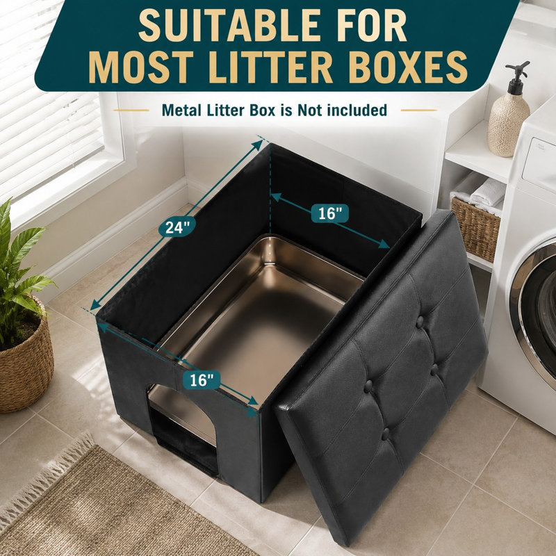 Ce grand pouf-banc noir en forme de L, dissimulant une litière, combine le contrôle des odeurs avec une conception de meuble à l'épreuve des chiens, un intérieur imperméable, des surfaces faciles à nettoyer et un assemblage simple.