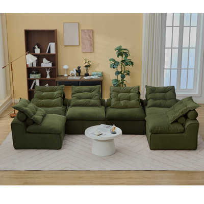 Modular Sofa,No Armrests,At Will DIY,Corduroy ,Neck Pillow-Back Lounge Sofa Chair,Reading Nook, Or Apartment Living, Lumbar Pillow,6 Seats,Upholstered,Green