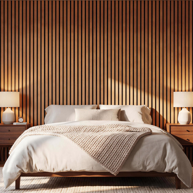 Lot de 4 panneaux muraux acoustiques pliables 3D (240 x 60 cm) - Panneaux décoratifs insonorisés en lattes de bois brun