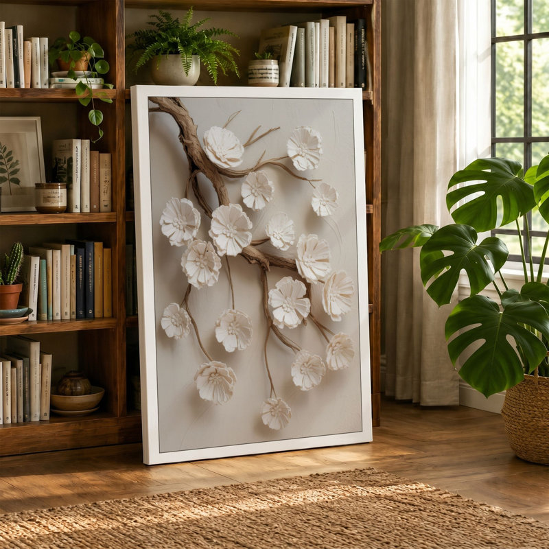 Blossoms on Weathered Branch Botanical 1 Piece Wrapped Canvas Wall Art, 24x16 - 61.0 x 40.6 cm, Ochre Border