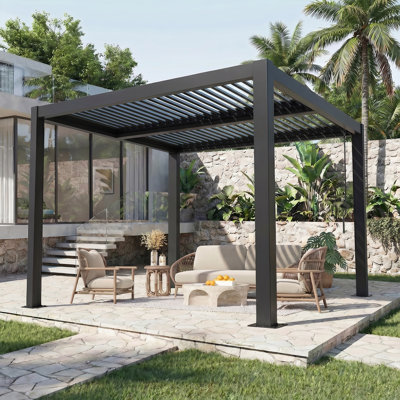  Erommy 10' x 10' Outdoor Pergola with Adjustable Louvred Roof & Integrated Drainage, Heavy-Duty Metal Louvred Pergola without Curtains for Patios