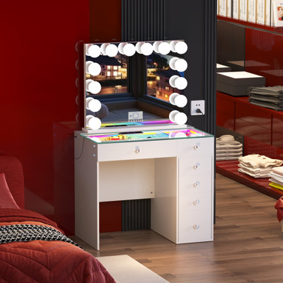 Ensemble de meuble-lavabo avec plateau en verre haute définition, miroir DEL, prise de courant, 6 tiroirs et boutons en cristal Très facile à assembler