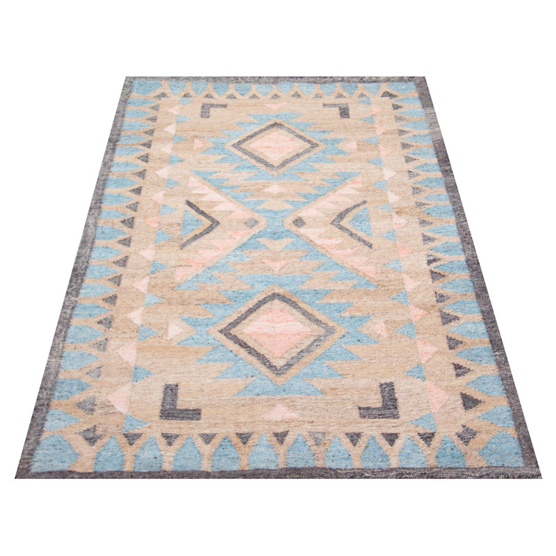 Tapis oriental oriental en laine bleu clair / beige / gris tissé à plat à la main 5 pi 1 po x 8 pi 5 po