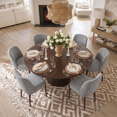 Ensemble de table de salle à manger pour 6 personnes avec table ronde unie et 6 chaises rembourrées en tissu