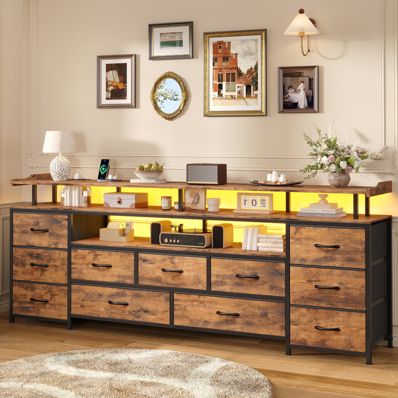 Tv Stand For Tvs Up To 70", Large Led Media Console With Charging Station And Led Light, Brown