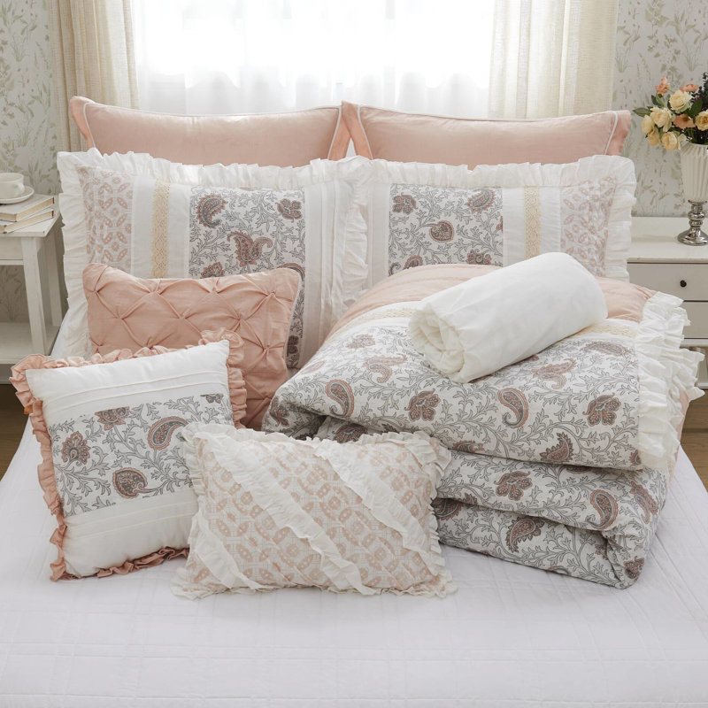 Édredon très grand Dawn Blush - 9 pièces en coton avec imprimé cachemire, bride, 2 taies décoratives, 3 coussins décoratifs Euro et tissu teint