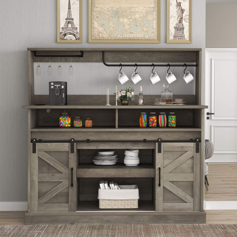 Gracie Oaks 52" Wood Farmhouse Coffee Bar Sideboard Buffet Cabinet, Gray
