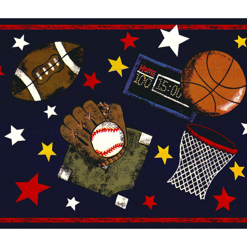 Bordure de papier peint non encollée - rouge sportif, noir, blanc, bleu marine, étoiles, casque, bordure murale chauve-souris, conception rétro, 15 pi X 9 po