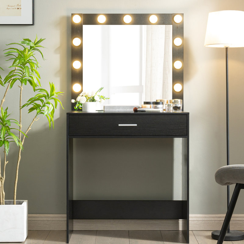 Bureau de coiffeuse de chambre à coucher avec miroir et lumières, tiroir de la coiffeuse, 3 modes d'éclairage à luminosité réglable, panneau de particules noir animé
