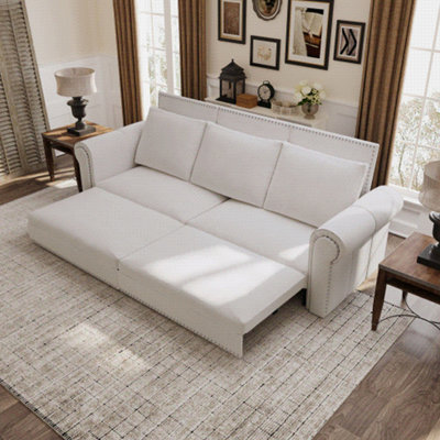 Chesterfield Sofa,93.7" King Pull Out Sofa Bed, 3-in-1 Velvet Convertible Sleeper Sofa with Nailhead Trim & Rolled Arm,Multi-Functional Sofa Bed for Living Room,Office,Beige/White(new sku:W1885S00097)