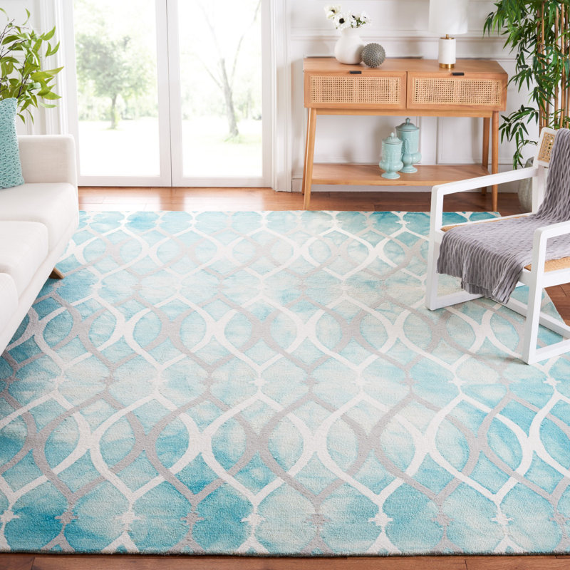 Tapis vert / ivoire touffeté à la main à motif géométrique Amekia, Rectangle 8 pi x 10 pi