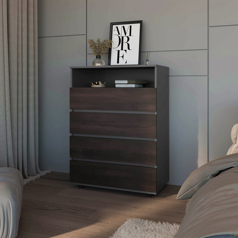 Commode 4 tiroirs en noyer teinté avec tablette ouverte