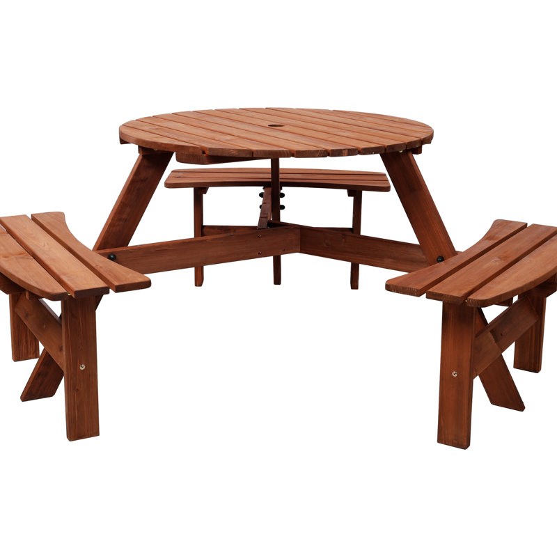 Table de camping pour 6 personnes, 3 bancs de pique-nique ronds en bois, trou de parasol, plateau de table de 35 pouces, table craquelée, bords arrondis lisses, brun, robuste, 40,78 lb