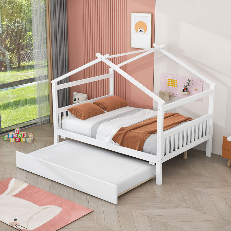 Lit maison en bois avec lit gigogne Iakup, Complète, Blanc