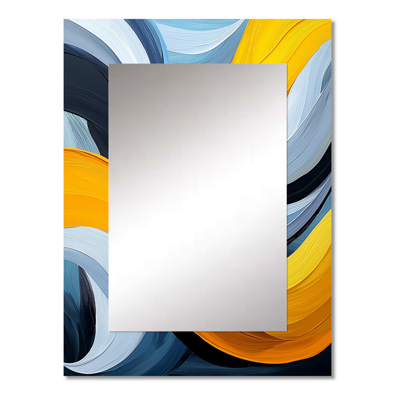 Bleu et jaune, lignes de vapeur océaniques I - miroir décoratif minimaliste, grand miroir mural moderne, impression d'art en métal