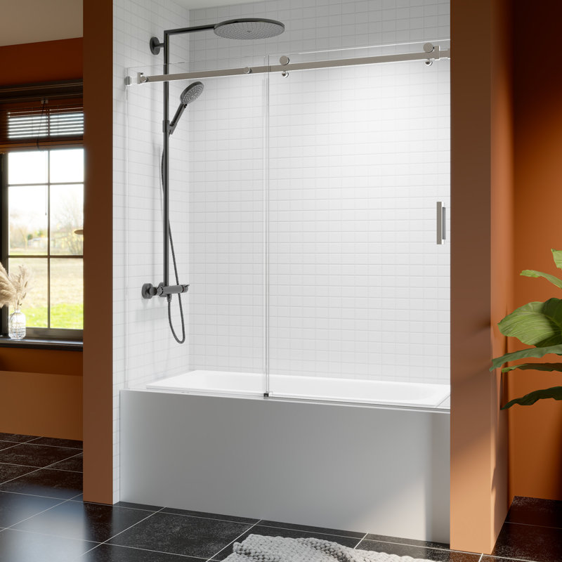 56"-60" W X 60" H Frameless Single Sliding Shower Door,  5/16" (8Mm) Thickened Upgrade Tempered Glass Door, Smooth Roller Stainless Steel Hardware, Reversible Mounted Modern Bathroom Enclosure