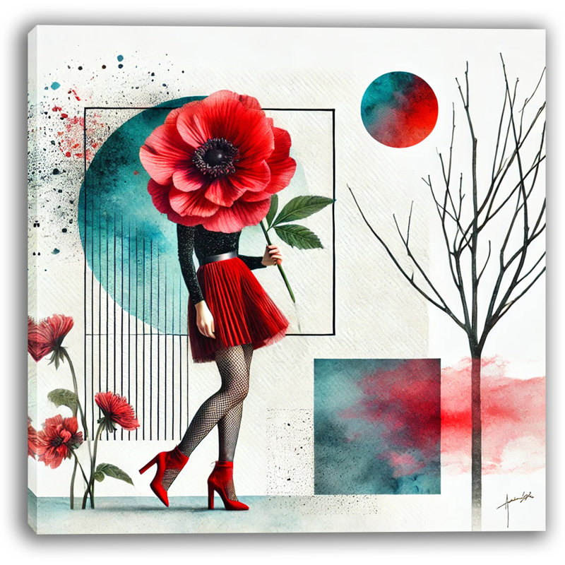 Art floral sur toile rouge, H 12 po x l 12 po x P 1 po