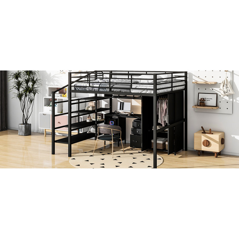 Lit mezzanine double en métal avec table et garde-robe, noir - construction contemporaine, cadre robuste, choix de rangement abondants, taille de processus d'assemblage simple, style moderne pour la décoration intérieure, grand espace, facile