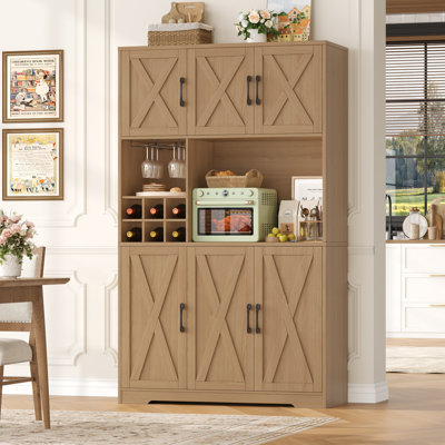 Hempel 70.9" Kitchen Pantry With Removable Wine Rack, Wood Storage Pantry Cabinet Microwave Shelf