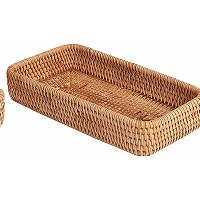 Rattan Rectangle Organizer: Decorative Wicker Tray for Bathroom Countertop & Guest Towel Storage