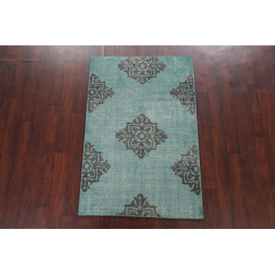 Tapis vert en laine noué à la main de conception unique 3 pi 7 po x 5 pi 6 po