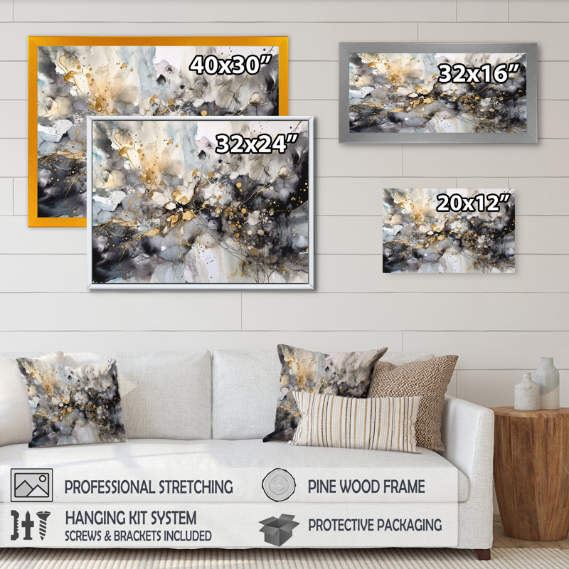 Grey Gold Delicate Abstract Brushstrokes II - Abstract Marble Canvas Prints, 30" H x 40" W, Wrapped Canvas, No Frame