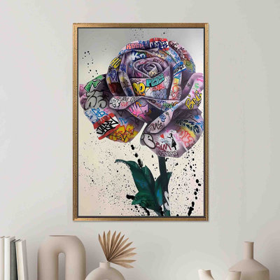 Banksy Rose Graffiti Art: impression murale sur toile imprimée, 1P encadrée d'or