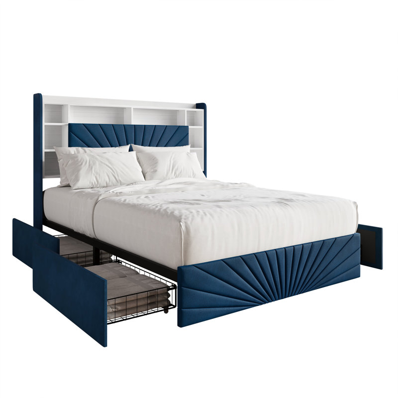 Lit bibliothèque en velours, NAVY BLUE, QUEEN