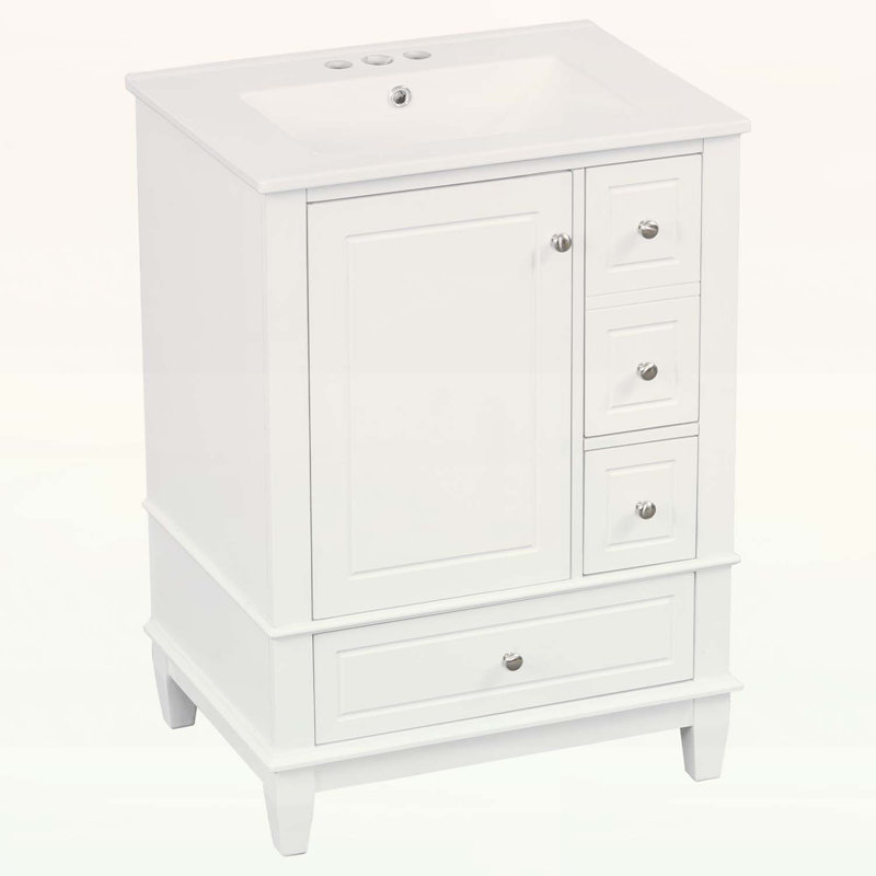 Meuble-lavabo élégant avec lavabo en céramique, tiroirs et tablettes pour petits espaces, Blanc