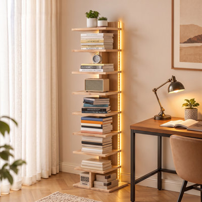 Bibliothèque étroite à 8 niveaux avec lumières DEL, bibliothèque à colonne vertébrale en bois naturel avec télécommande, grande tour de lecture ouverte et étagère de présentation, bibliothèque verticale peu encombrante pour le salon, la chambre à coucher et le bureau personnel