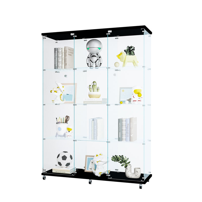Extra Large 4-shelf Glass Display Cabinet In Black For Home Use, Accommodates Action Figures, Wine, Whisky, 5mm Tempered Glass, Solid Wood Frame, Metal Handle Bedroom, Fits Cabinet, Rivet
