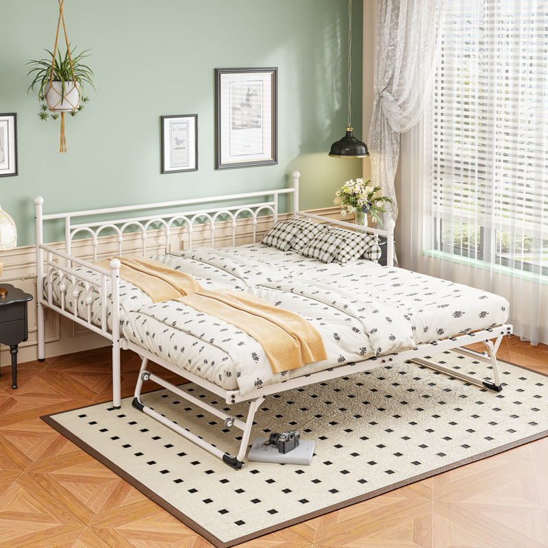 Rackers Twin Steel Metal Day Bed with Pop Up Trundle And Storage Bag, White