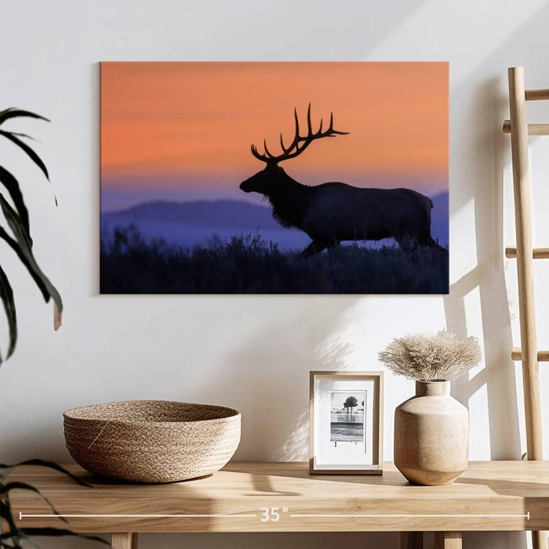 Wapiti brulé contre le coucher du soleil, H 16 po x l 24 po