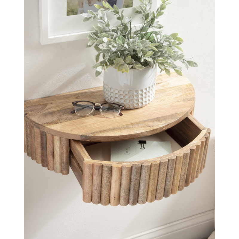 Kristie Half-circle Mango Floating Shelf with Drawer, Natural