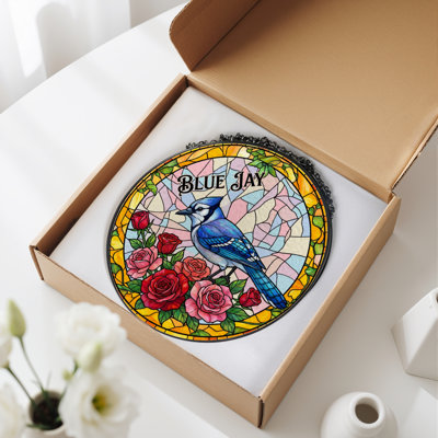 7.8"H Blue Jay Stained Glass Window Panel
