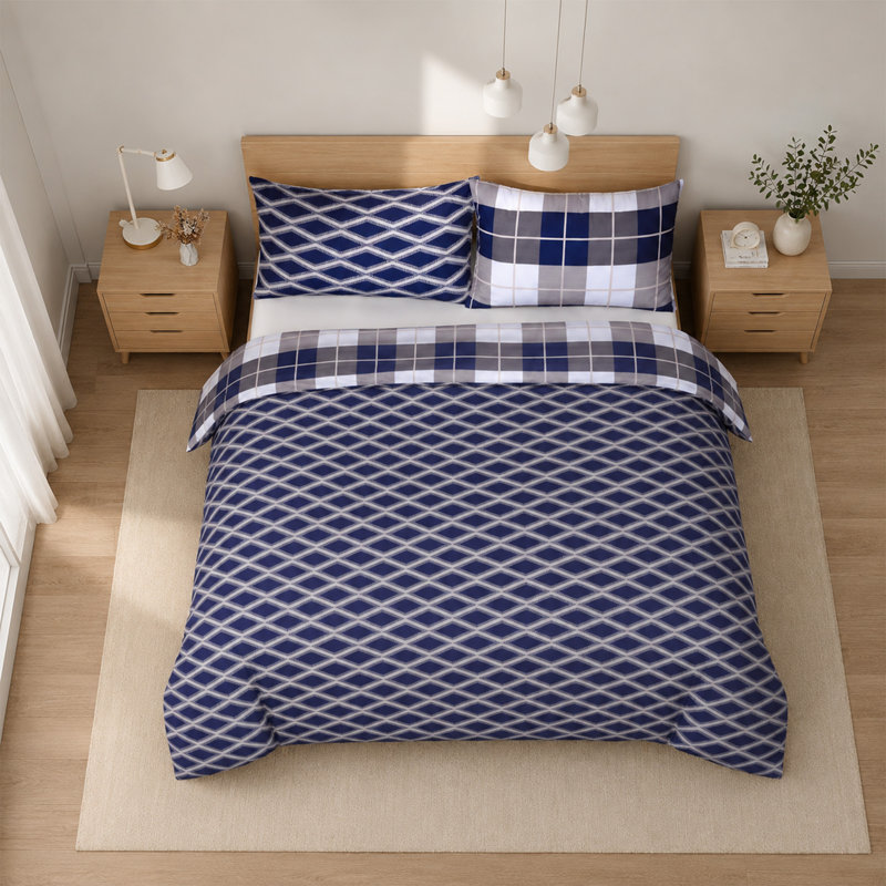 Aspire Homeware Navy Geometric Check Duvet Cover Set, King (230cm Width X 220cm Length)