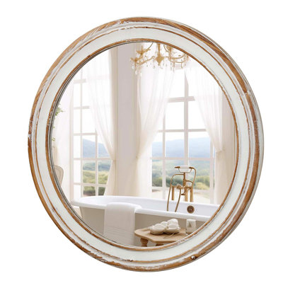 31.5 Inches Round Wall Mirror For Bathroom Vanity, Wooden Farmhouse Circle Mirrors For Bedroom, Entryway, Living Room, Kithen Whitewash Edge Decorative Mirror For Home, Office