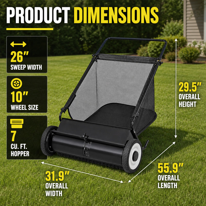 26-Inch Push Lawn Sweeper with 7 Cu. Ft. Hopper, 4 Rotating Brushes & Adjustable Height, Heavy-Duty Steel Frame Manual Leaf & Grass Collector for Lawn, Driveway & Sidewalk