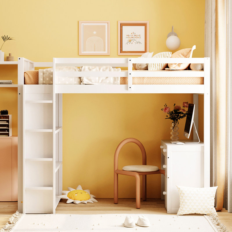 Lit mezzanine simple blanc avec tablettes, bureau inclus - fabrication en bois massif pour une durabilité accrue et une utilisation accrue de l'espace, tablettes en construction robuste pour maximiser le confort