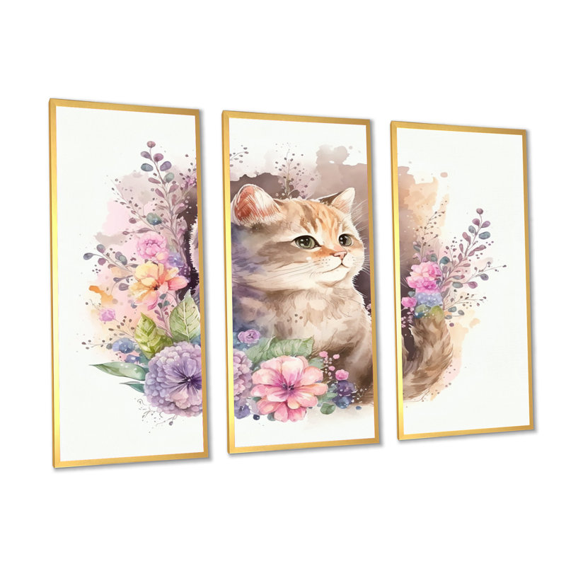 Petit chaton entouré de fleurs colorées II - animaux, ensemble d'art sur toile_80575, H 28 po x l 36 po x P 1 po
