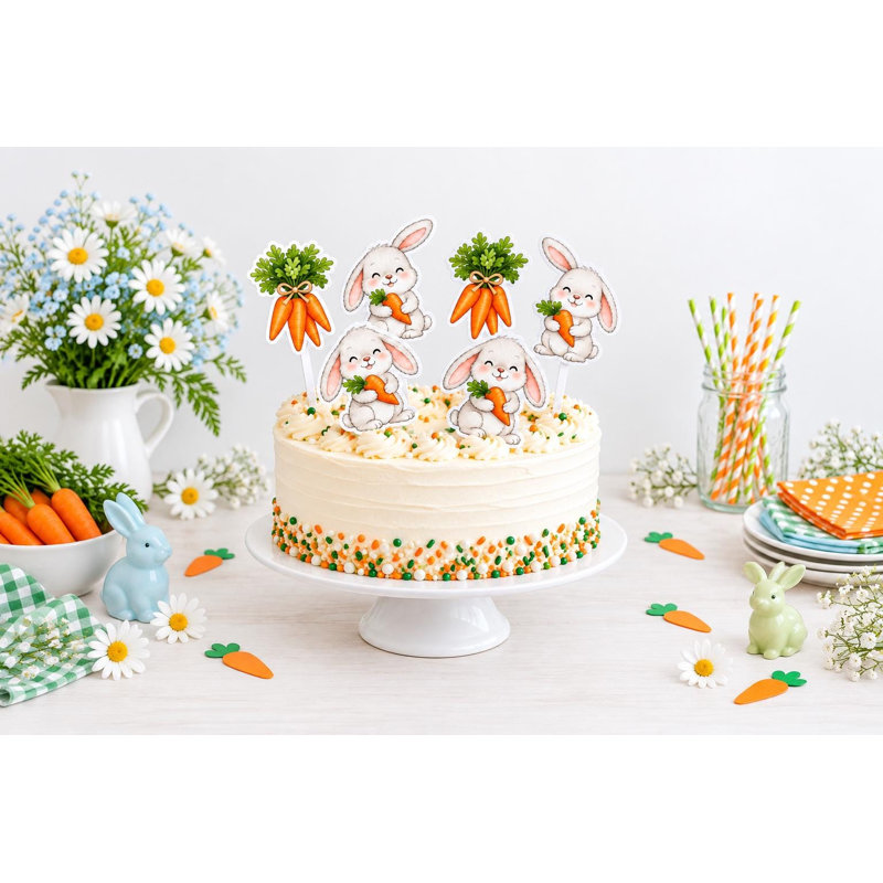 Décorations de gâteaux « Champ de carottes et lapins », figurines pour gâteau d'anniversaire « Jardin des lapins », pics en carton orange et vert