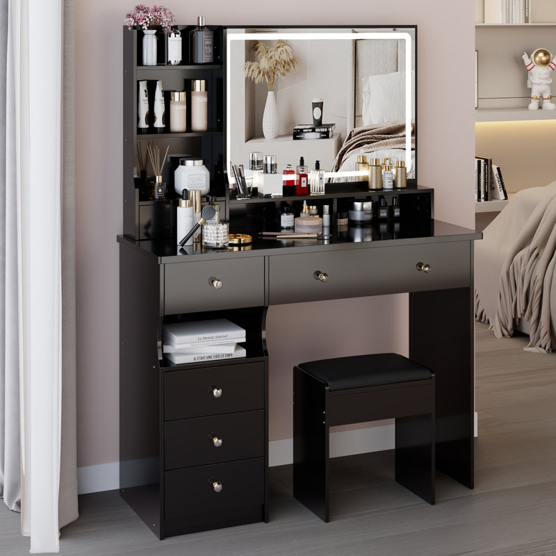 Meuble-lavabo de 41 po avec tiroir à gauche et tabouret rembourré 41 po, miroir à DEL très grand à commande tactile, interrupteur à 3 couleurs, commode à plusieurs niveaux avec rangement haute capacité