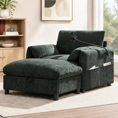 Canapé simple avec repose-pieds de rangement, support de téléphone réglable et chargeur à deux ports