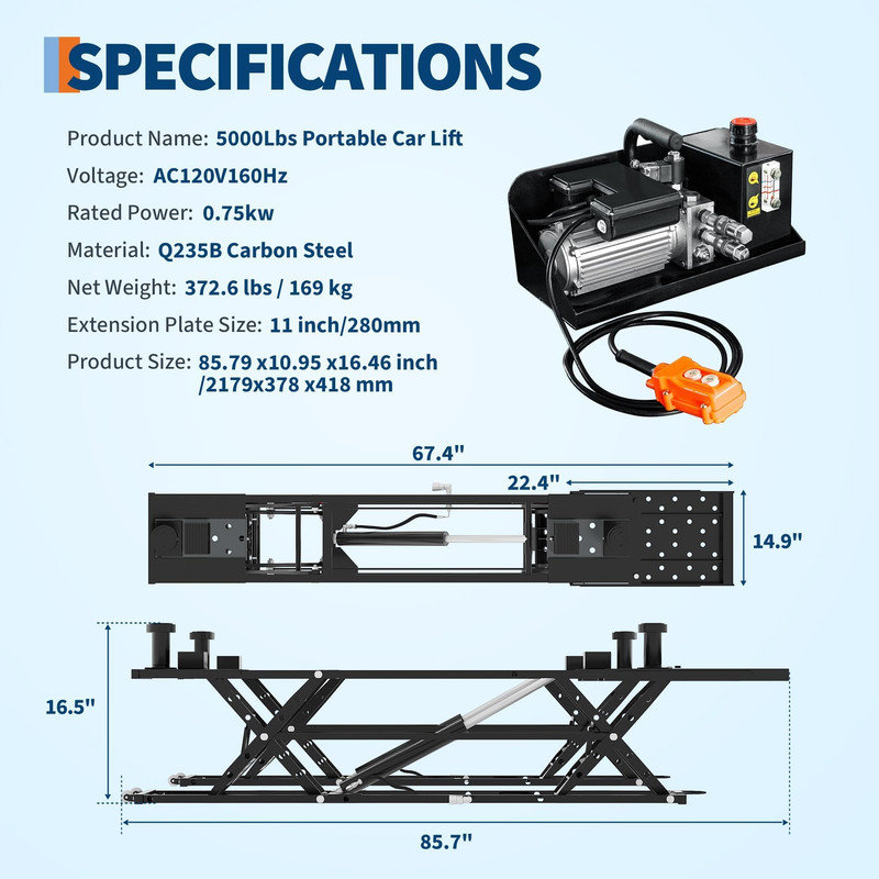 Élévateur à ciseaux hydraulique portatif 5000LBS - Élévateur de véhicule pliant avec bloc d'alimentation de 120 V pour garage, VUS, camionnettes et berline