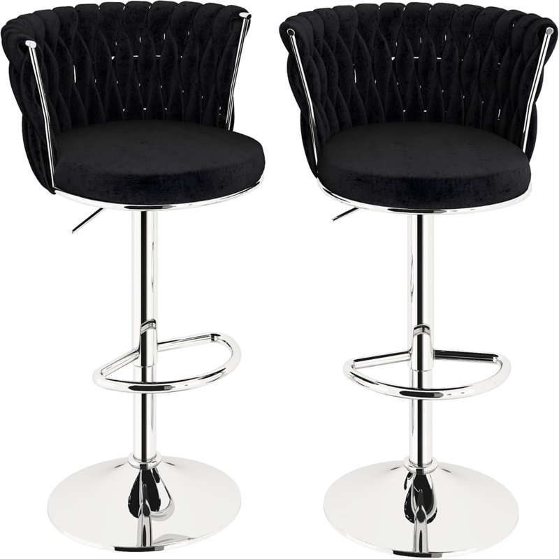 Bar Stools Set Of 2, Velvet Upholstered Bar Chairs With Black Metal Legs, Backs And Footrest Counter Height Bar Stools, Modern Bar Chair For Kitchen Island, Dining Room