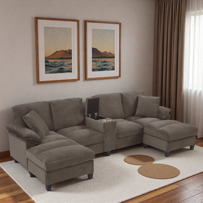 Canapé modulaire moderne en forme de U avec porte-gobelets, ports USB et repose-pieds avec rangement